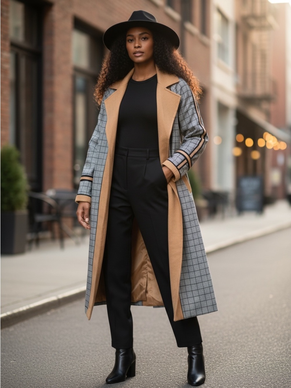 Checked Gray and Camel Long Lightweight C